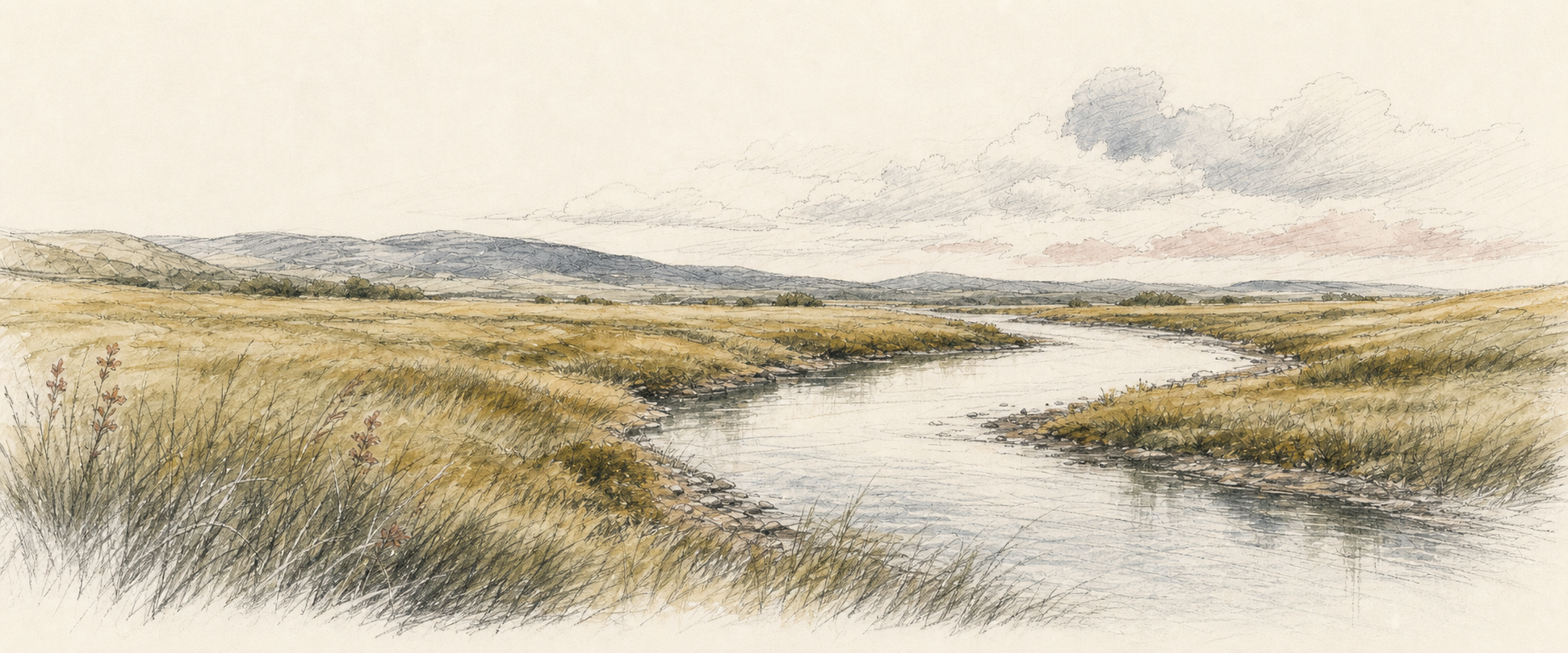 A charcoal and watercolor study of a river winding through quiet grassland.